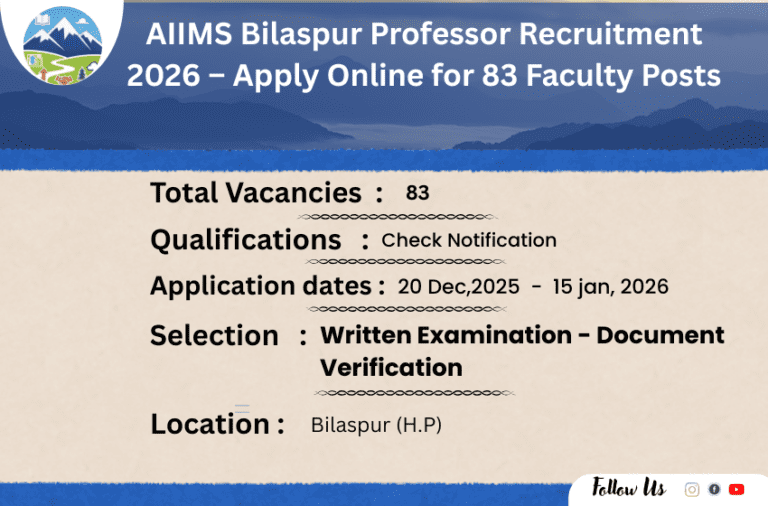 AIIMS Bilaspur Professor Recruitment 2026 – Apply Online for 83 Faculty Posts-himachalgovt