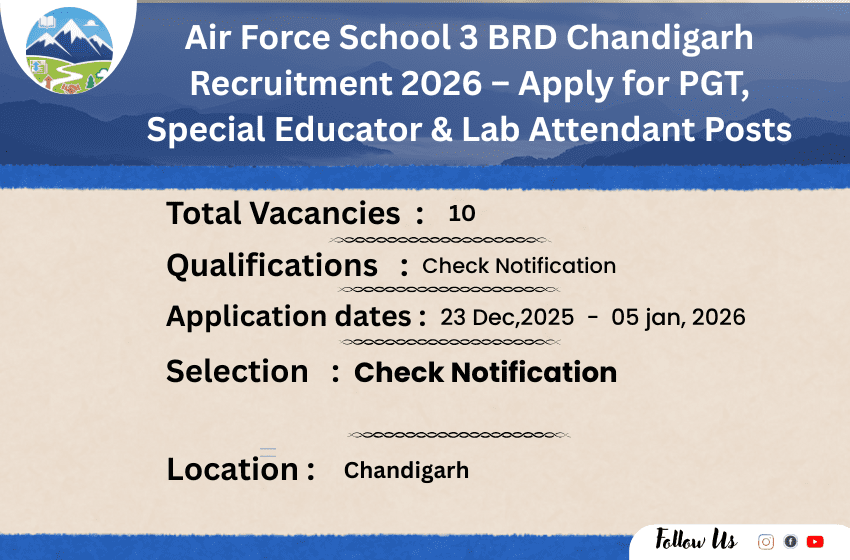 Air Force School 3 BRD Chandigarh Recruitment 2026 – Apply for PGT, Special Educator & Lab Attendant Posts