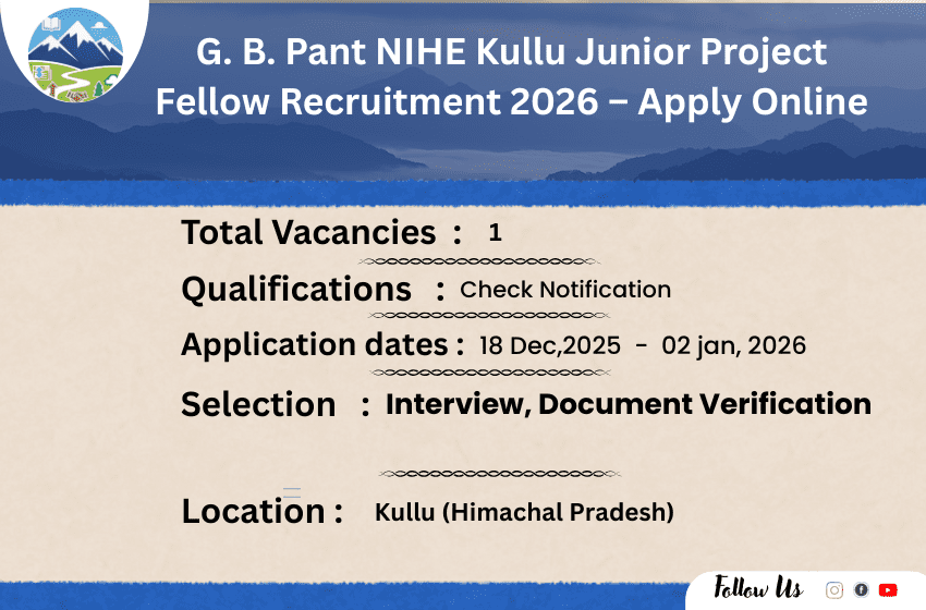 G. B. Pant NIHE Kullu Junior Project Fellow Recruitment 2026 – Apply Online