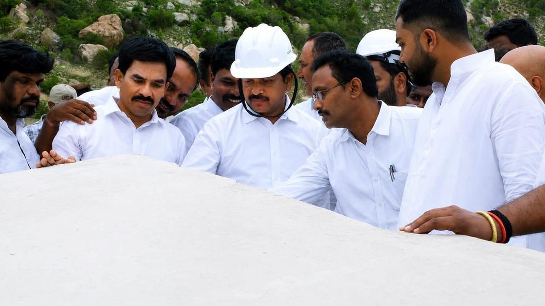 Andhra Pradesh mining minister Kollu Ravindra inspecting a granite quarry at Valasapalli in Annamayya district