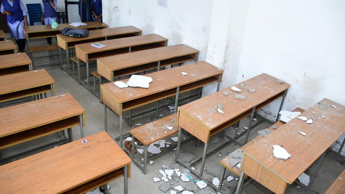 Ceiling plaster that fell during class hours at Government PU College for Girls in Kalaburagi