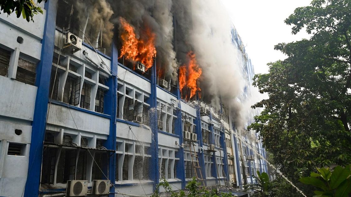 Firefighters at the Alipore building in Kolkata after a fire destroyed 4000 EVMs on June 10, 2026.
