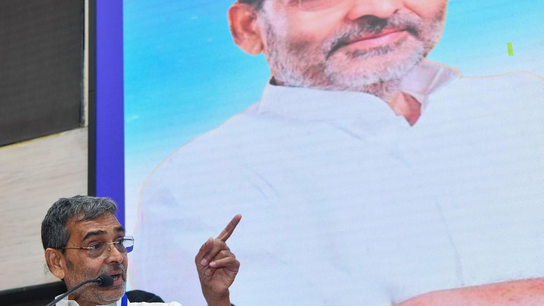 Rashtriya Lok Morcha chief Upendra Kushwaha addressing party workers at national convention in New Delhi