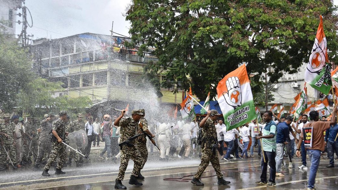 Police use water cannon to disperse Tripura Congress protesters in Agartala