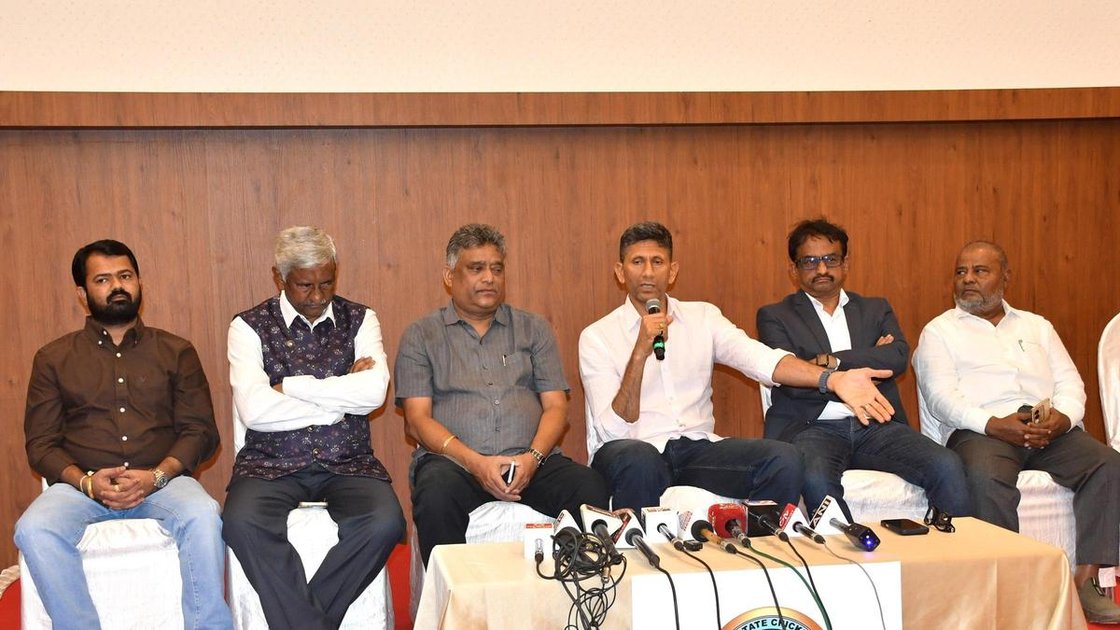 Venkatesh Prasad, KSCA president, addressing press in Hubballi