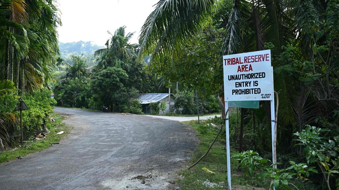 A board marking a tribal reserve area on the outskirts of Campbell Bay at Great Nicobar island, photographed on March 26, 2026.