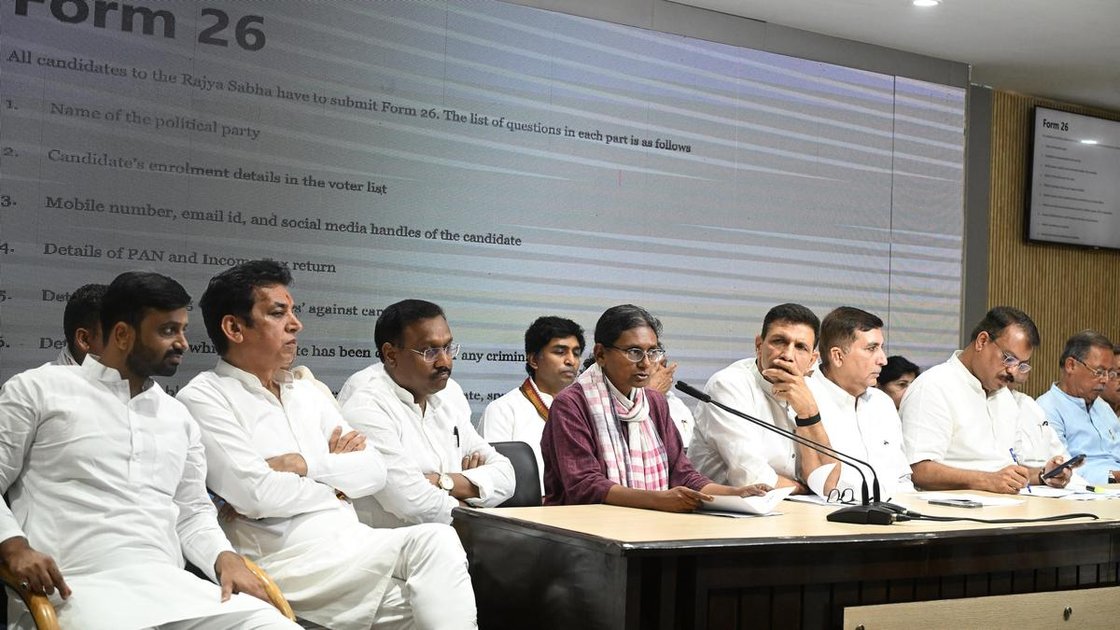 Congress leader Meenakshi Natarajan with MLAs from Madhya Pradesh addressing media at AICC in New Delhi on June 12, 2026
