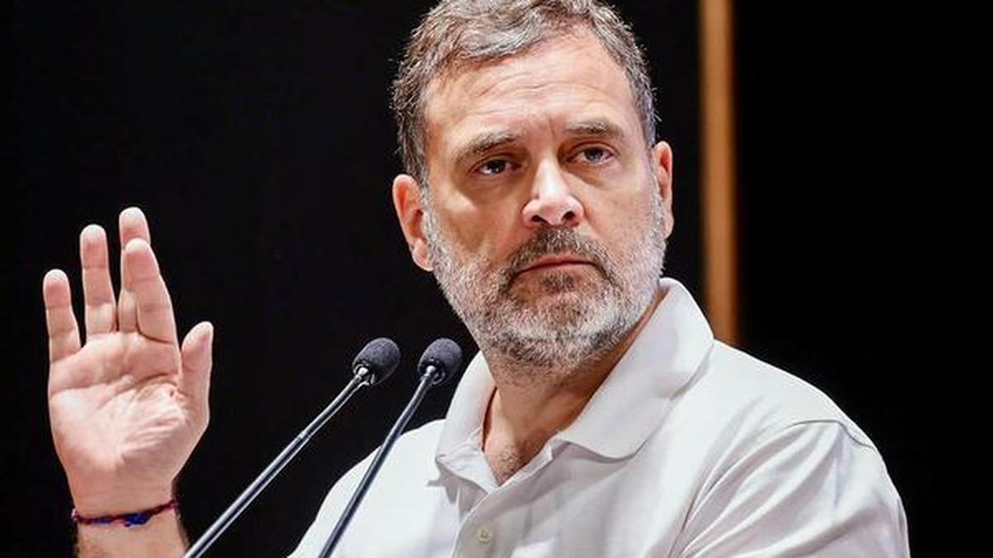 Congress leader Rahul Gandhi speaking at a press conference