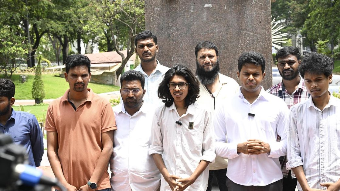 Cockroach Janta Party leaders addressing media at Gun Park in Hyderabad