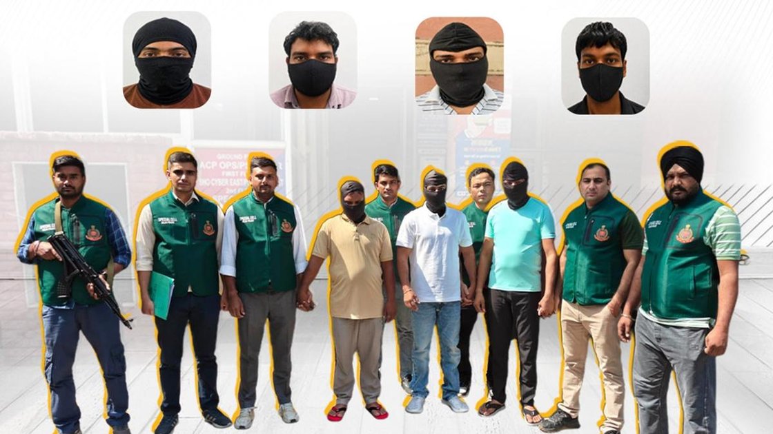 Delhi Police Special Cell officials with seized weapons and evidence
