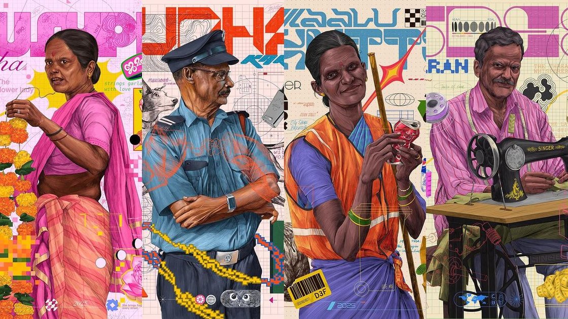 मोहम्मद साजिद की 'फोक्स ऑफ केरल' श्रृंखला का एक चित्र, जिसमें एक मछली विक्रेता को उसके आसपास की वस्तुओं के साथ दिखाया गया है