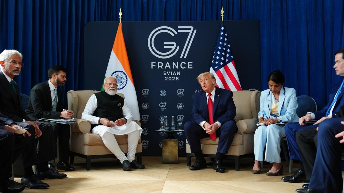 PM Modi and President Trump shake hands at the G7 summit in Evian-les-Bains, France