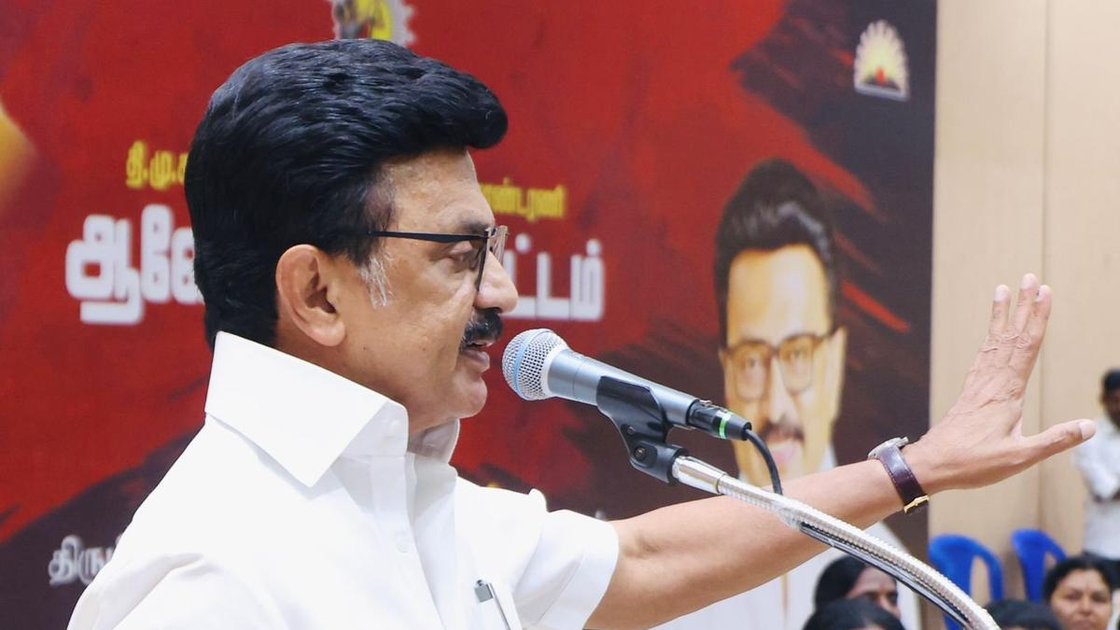DMK chief M.K. Stalin addressing a party meeting on June 13, 2026