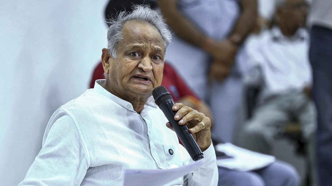 Former Rajasthan Chief Minister Ashok Gehlot speaking to journalists