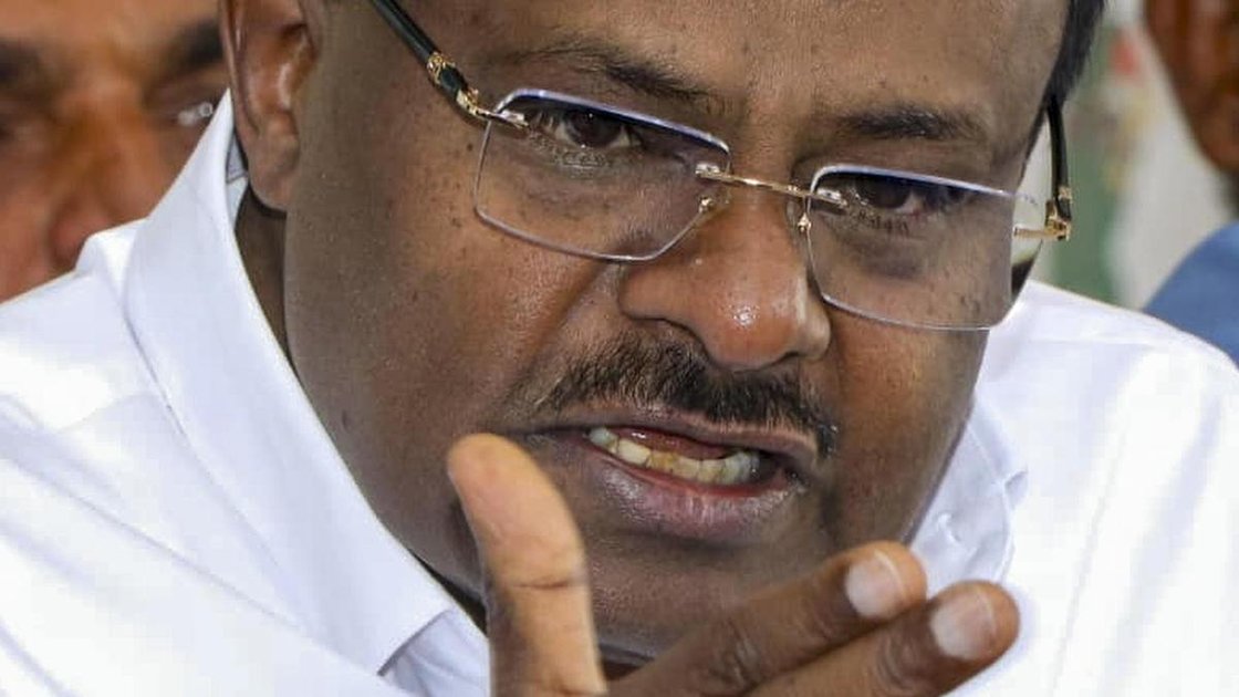 H.D. Kumaraswamy speaking at a press conference in Mandya, Karnataka