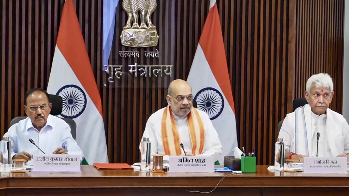 National Security Advisor Ajit Doval, Union Home Minister Amit Shah and Jammu and Kashmir Lt. Governor Manoj Sinha chair a high-level meeting to review the security for the upcoming annual Amarnath Yatra, in New Delhi, on June 12, 2026.