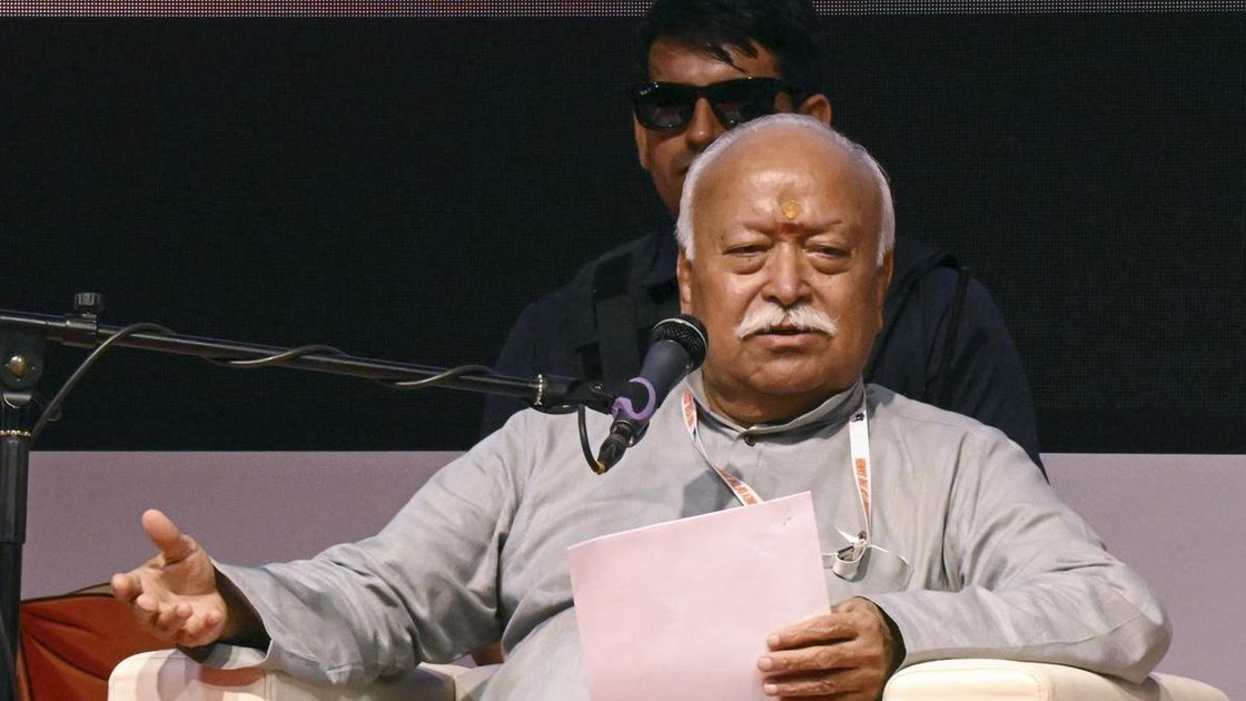 RSS chief Mohan Bhagwat speaking at a lecture meeting in Thiruvananthapuram, Kerala, during the RSS centenary celebrations on June 13, 2026.