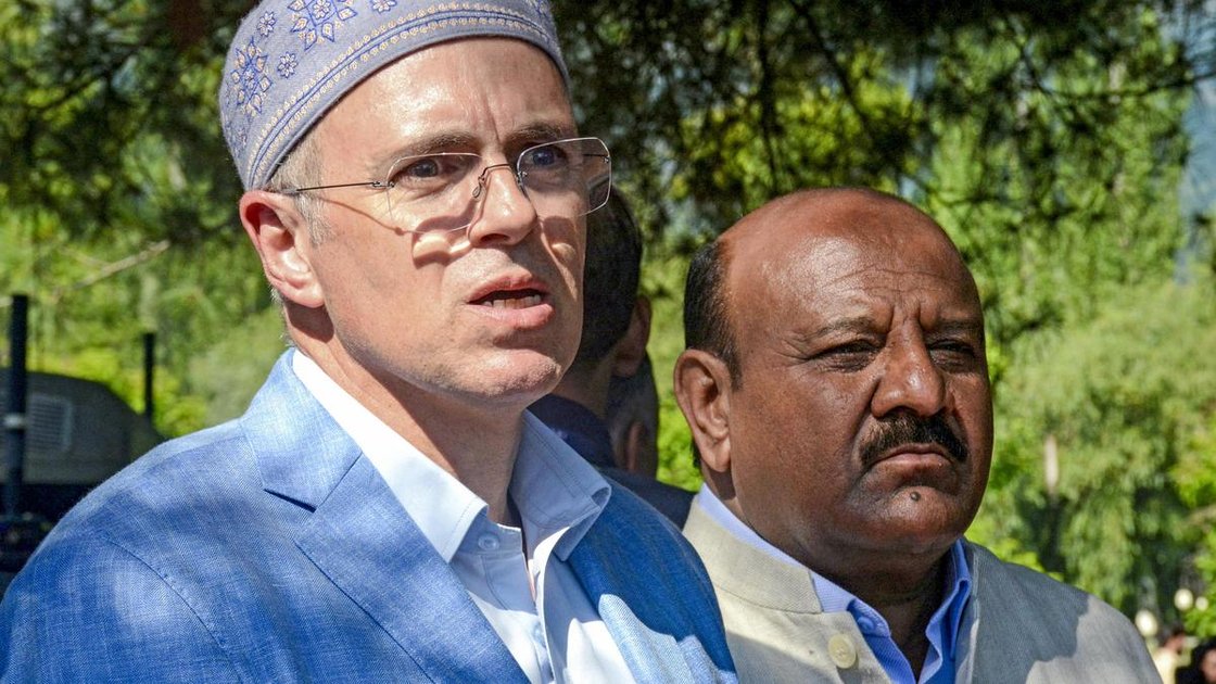 Jammu and Kashmir Chief Minister Omar Abdullah speaking at a press conference