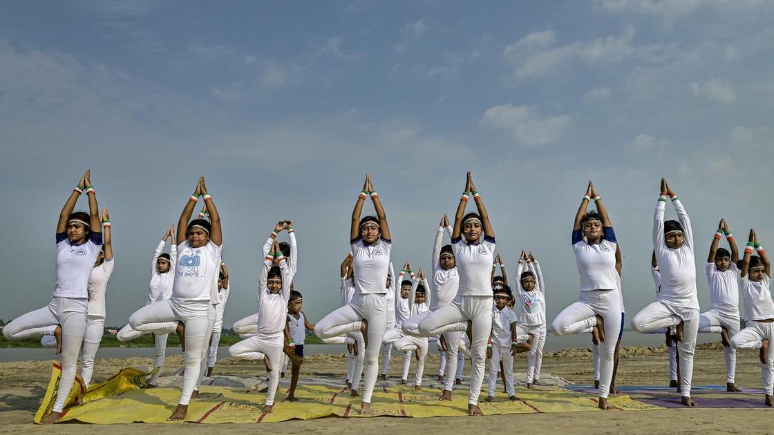 People performing yoga ahead of International Day of Yoga in Nadia, West Bengal