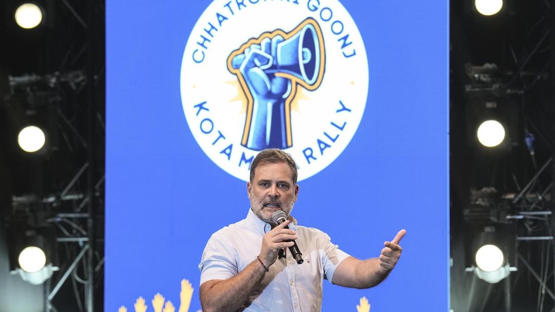 Rahul Gandhi addressing students at Chhatron ki Goonj rally in Kota, Rajasthan, on June 17, 2026