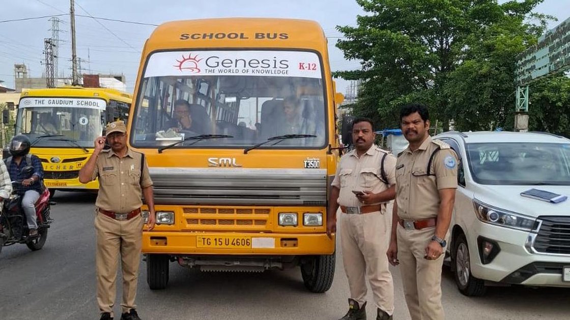 Telangana Transport Department officials checking school bus for safety violations