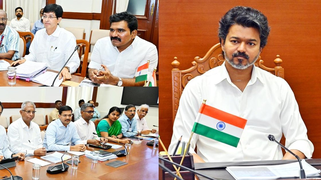 तमिलनाडु के मुख्यमंत्री सी. जोसेफ विजय चेन्नई में ऊर्जा विभाग की समीक्षा बैठक की अध्यक्षता करते हुए
