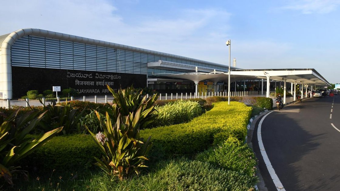 Vijayawada International Airport terminal building with aircraft on tarmac