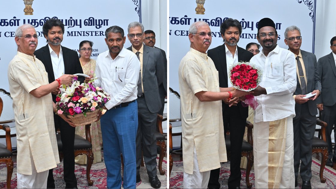 VCK MLA Vanni Arasu and IUML legislator A.M. Shahjahan taking oath as ministers in Chennai
