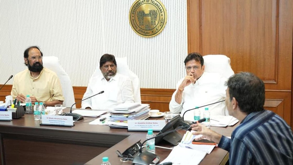 Deputy Chief Minister Mallu Bhatti Vikramarka with other members of Cabinet sub-committee on resource mobilisation in Hyderabad