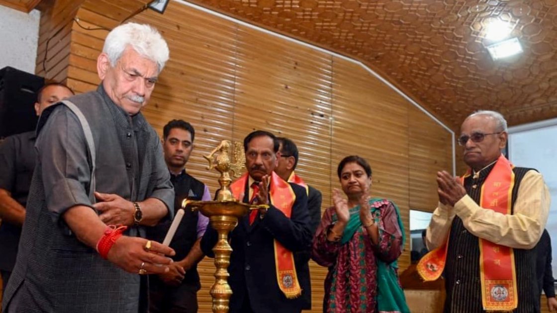 Jammu and Kashmir Lieutenant Governor Manoj Sinha speaking at the Global Kashmiri Pandit Conclave in Srinagar