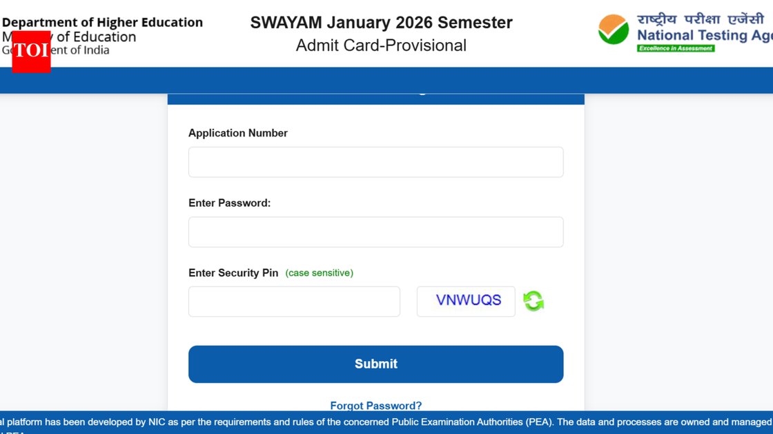 NTA Swayam admit card 2026 download page on laptop screen