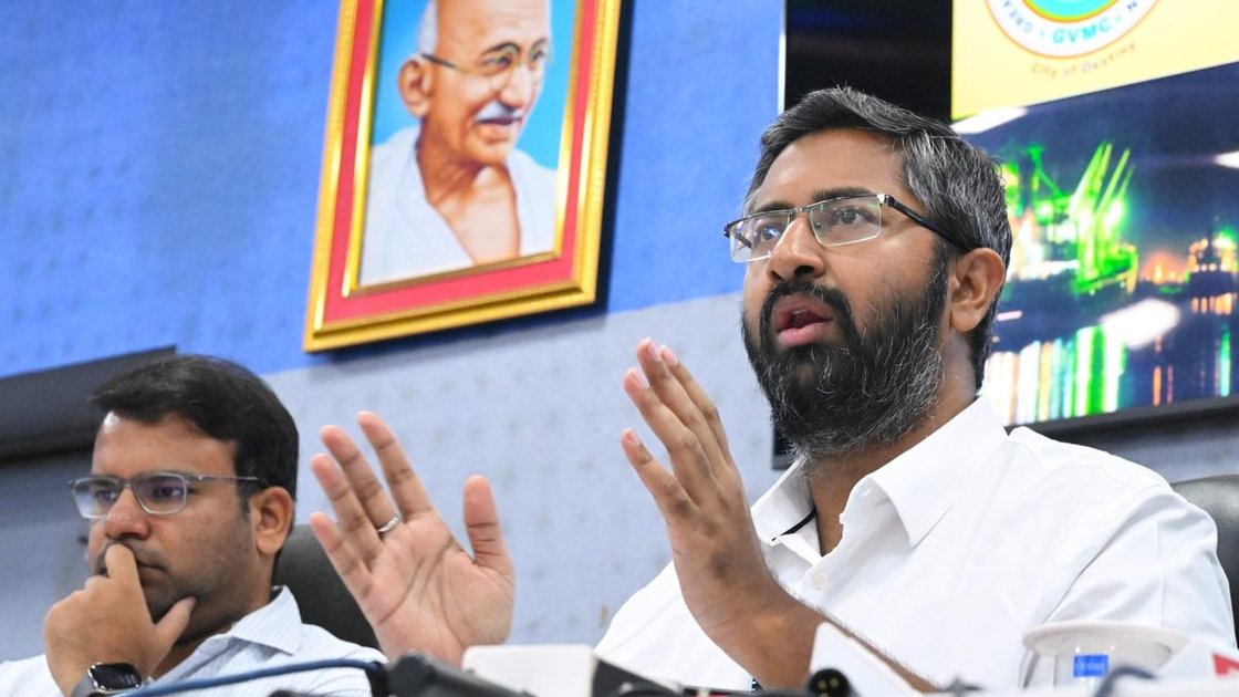 Visakhapatnam MP M. Sribharat addressing press conference at GVMC office