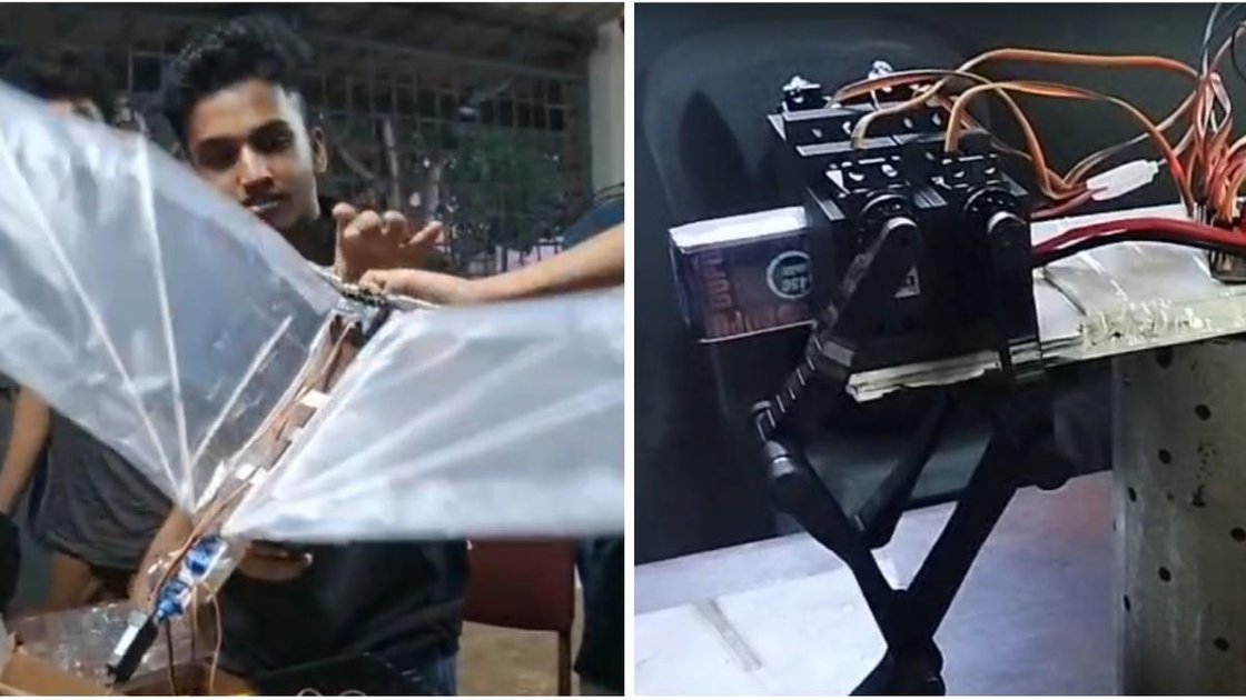 Students showcasing Jatayu ornithopter and robot dog at Open Day